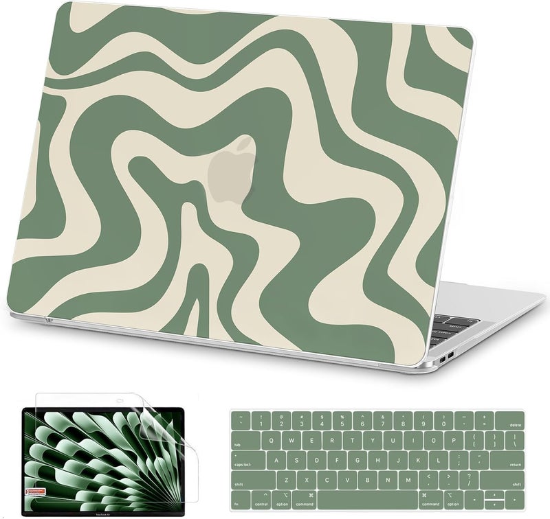 AKIT Compatible with MacBook Pro 13 inch Case M2 A2338 2025-2016 M1 A2251 A2289 A2159 A1989 A1708 A1706, Unique Pattern Plastic Laptop Hrad Shell Case&Keyboard Cover&Screen Protector Film, Green Wave - Image 1